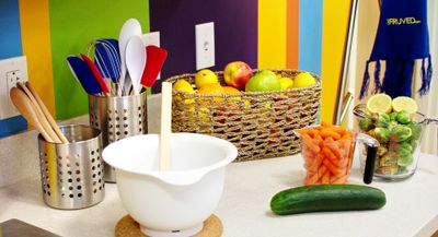 utensils, bowl, etc. on countertop